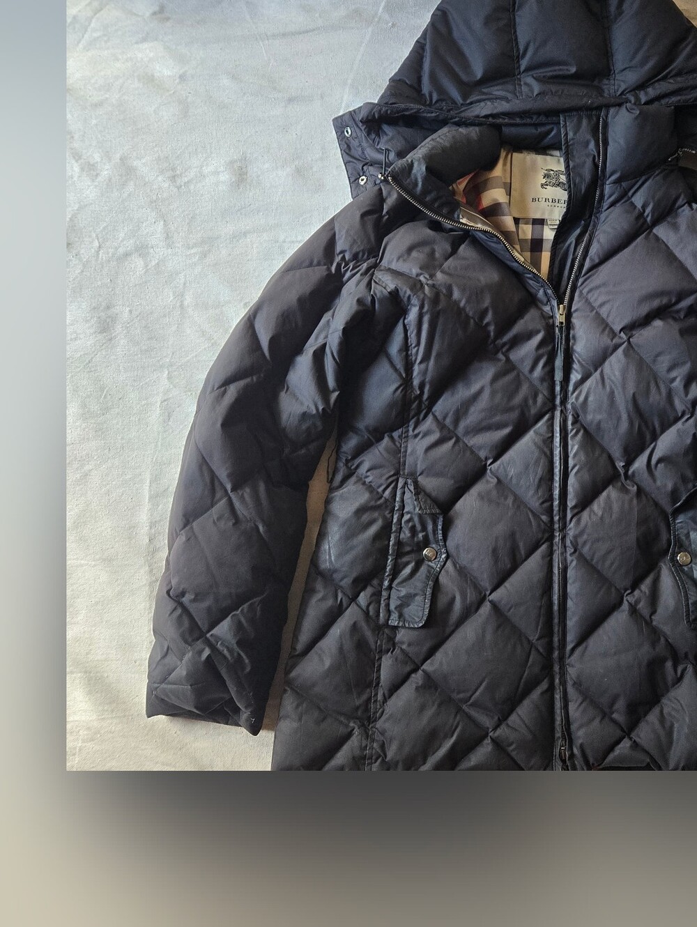Burberry London Black Hooded Diamond Quilted Down Puffer Coat Nova Check Sz L